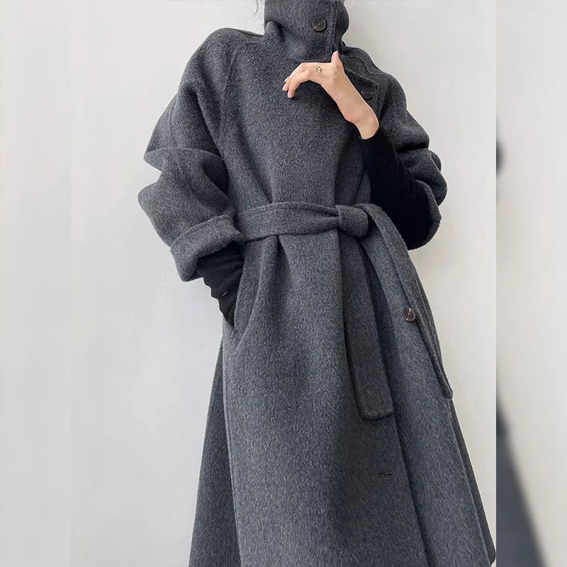 Woolen Coat Fall Winter Women Korean Stand Collar Side Buckle Double Faced Overcoat Solid Belt Slim Pocket Fashion Wool Jacket