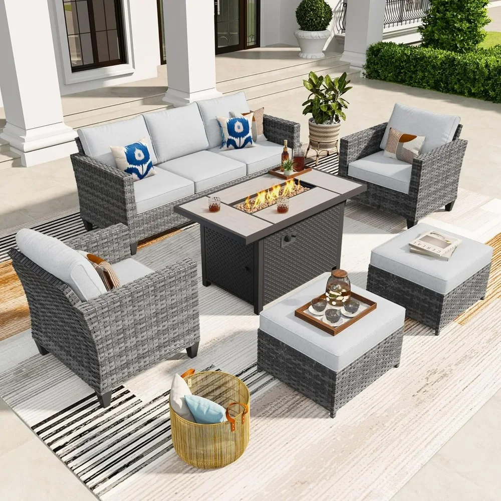 

6 Pcs Patio Furniture Set with Fire Pit Table, Outdoor Wicker 3-Seat Sofa with Comfy Cushion, High Back Rattan Conversation Set