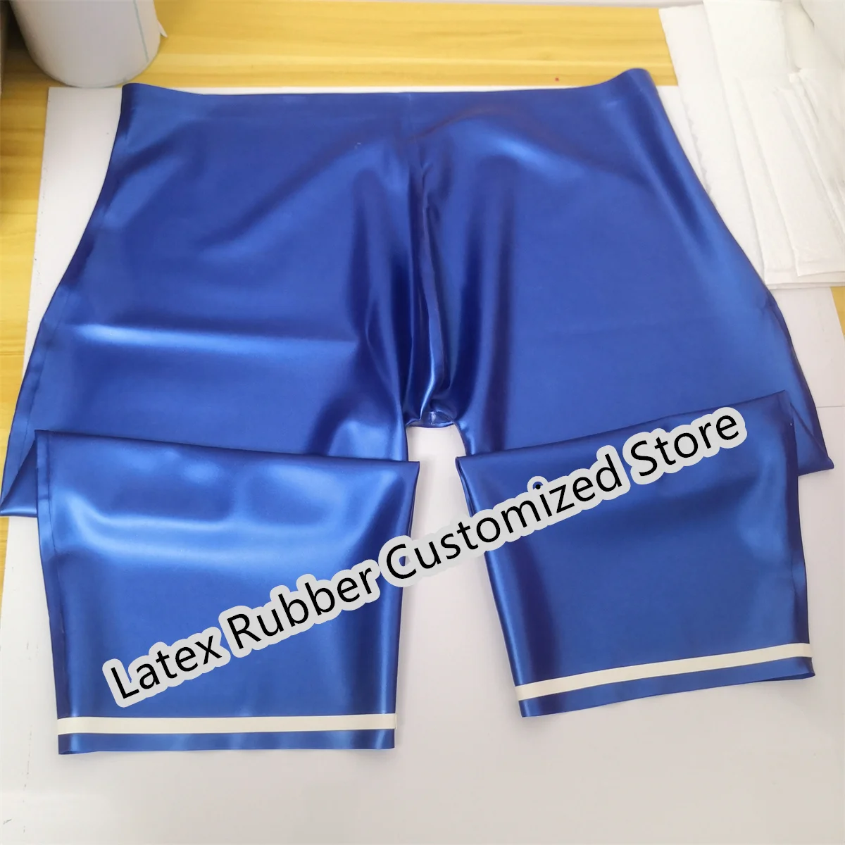 Latex Shorts Male Short Pants Cool Sexy Club Underwear Metal Blue with White Trim Customize 0.4mm