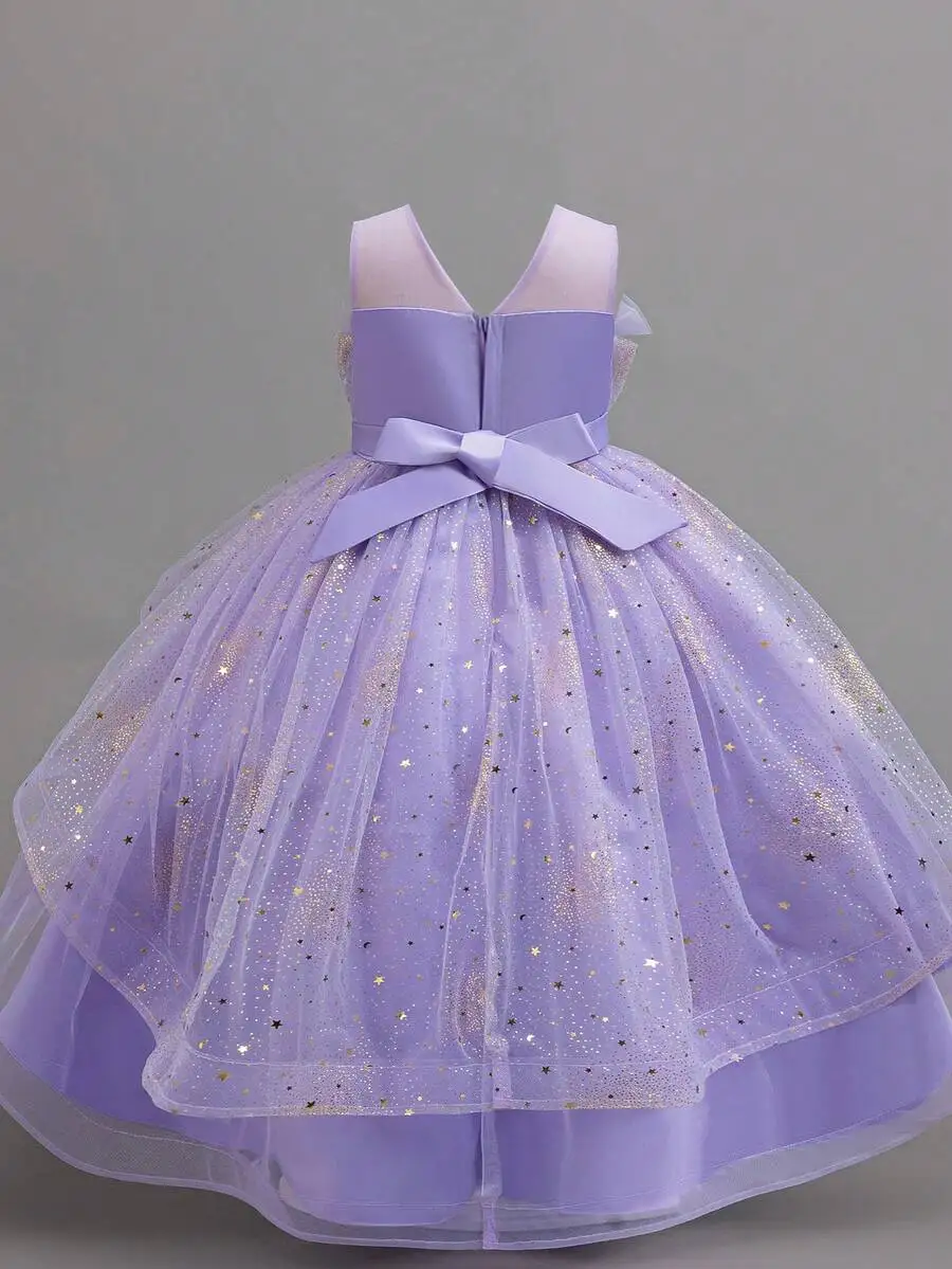 

Sleeveless Shiny Purple Tulle Ball Gown With Bow For Formal Evening