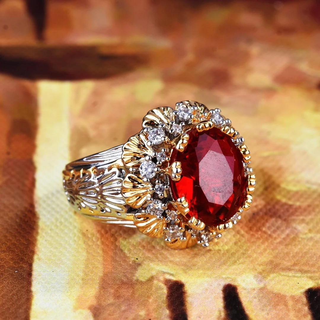 925 Sterling Silver Ruby Crown Ring – Two-Tone Design Featuring Vintage Brushed Texture and Gold-Accented Engraving