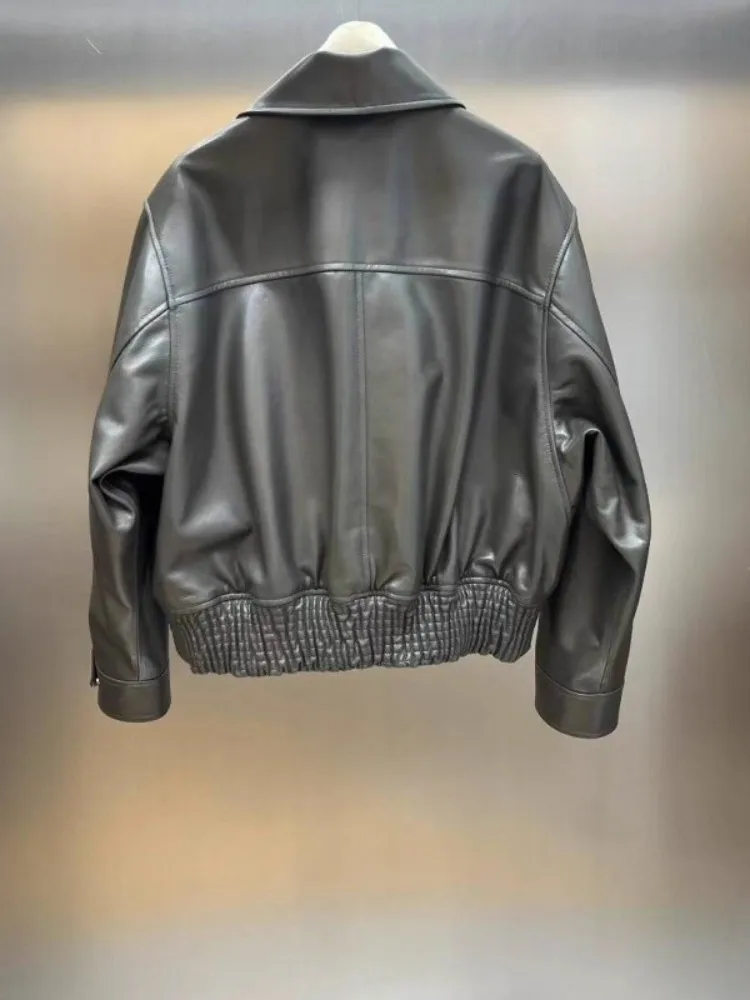 Women Casual Genuine Leather Short Jacket Loose Fit Streetwear Single Breasted High Quality Natural Sheepskin Motorcycle Coat