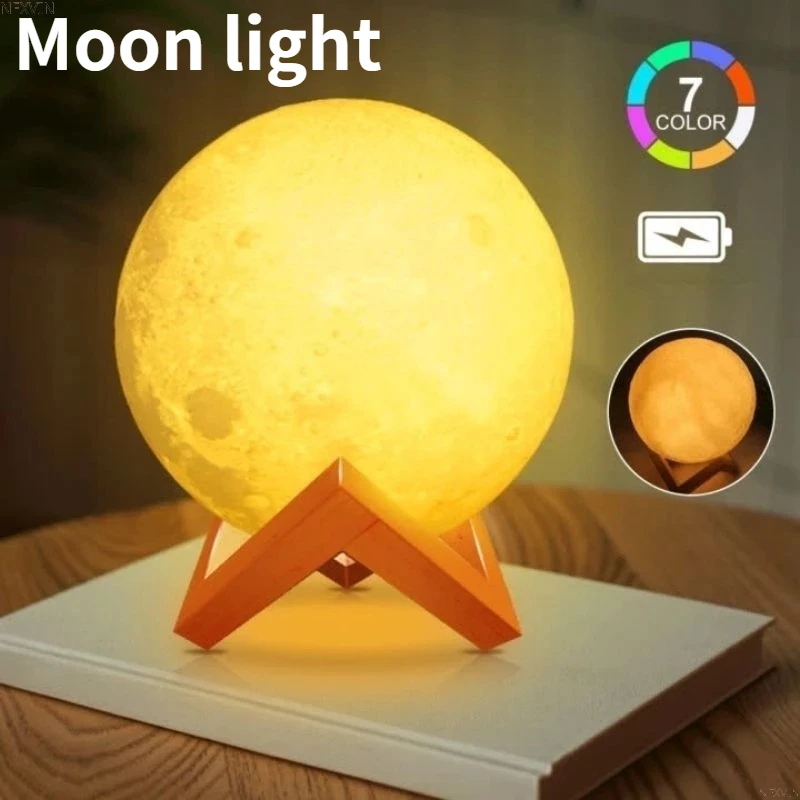 LED Night Light 3D Print Moon Lamp 8CM/12CM Battery Powered With Stand Starry Lamp 7 Color Bedroom Decor Night Lights Kids Gift