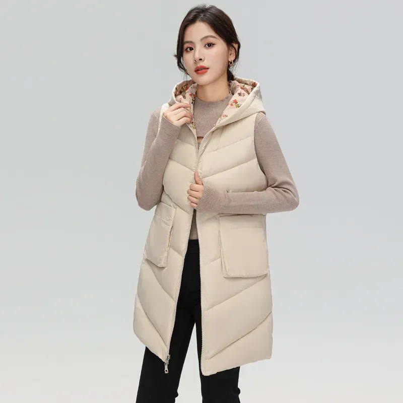 

2024 New Autumn and Winter Women's Waistcoat Vest Loose Zipper Sleeveless Hooded Down Cotton Mid-length Coat Top