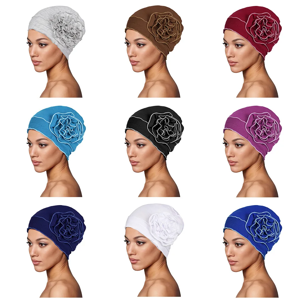 Elastic Big Flower Head Wraps para Mulheres, Turbante Monocromático, Chapéu Indiano, Bandana Elástica, Tampas Indianas, Acessórios para Cabelo Senhora