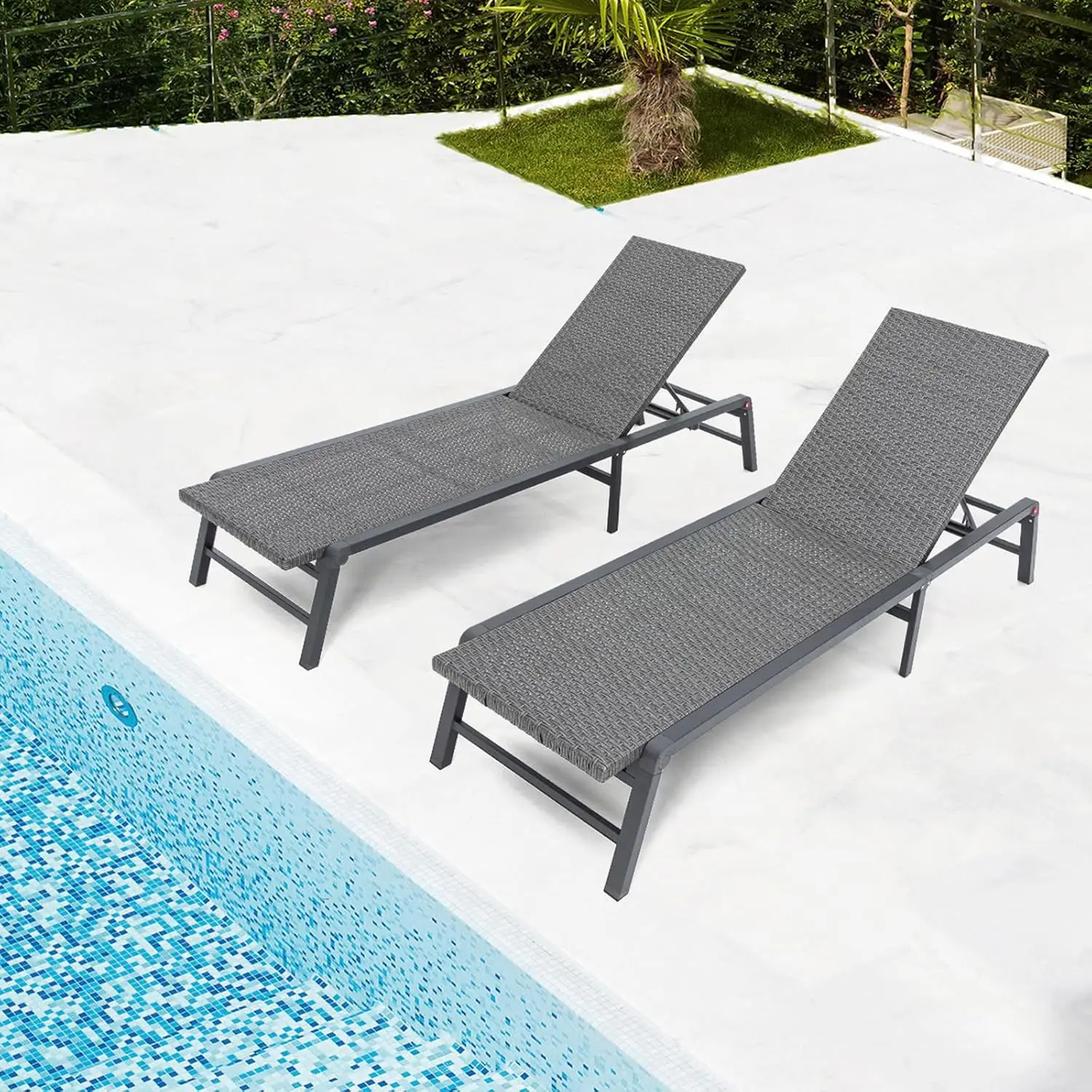 Tumbona de mimbre de aluminio para exteriores, conjunto de 2 Chaise Lounge, plegable, No requiere montaje