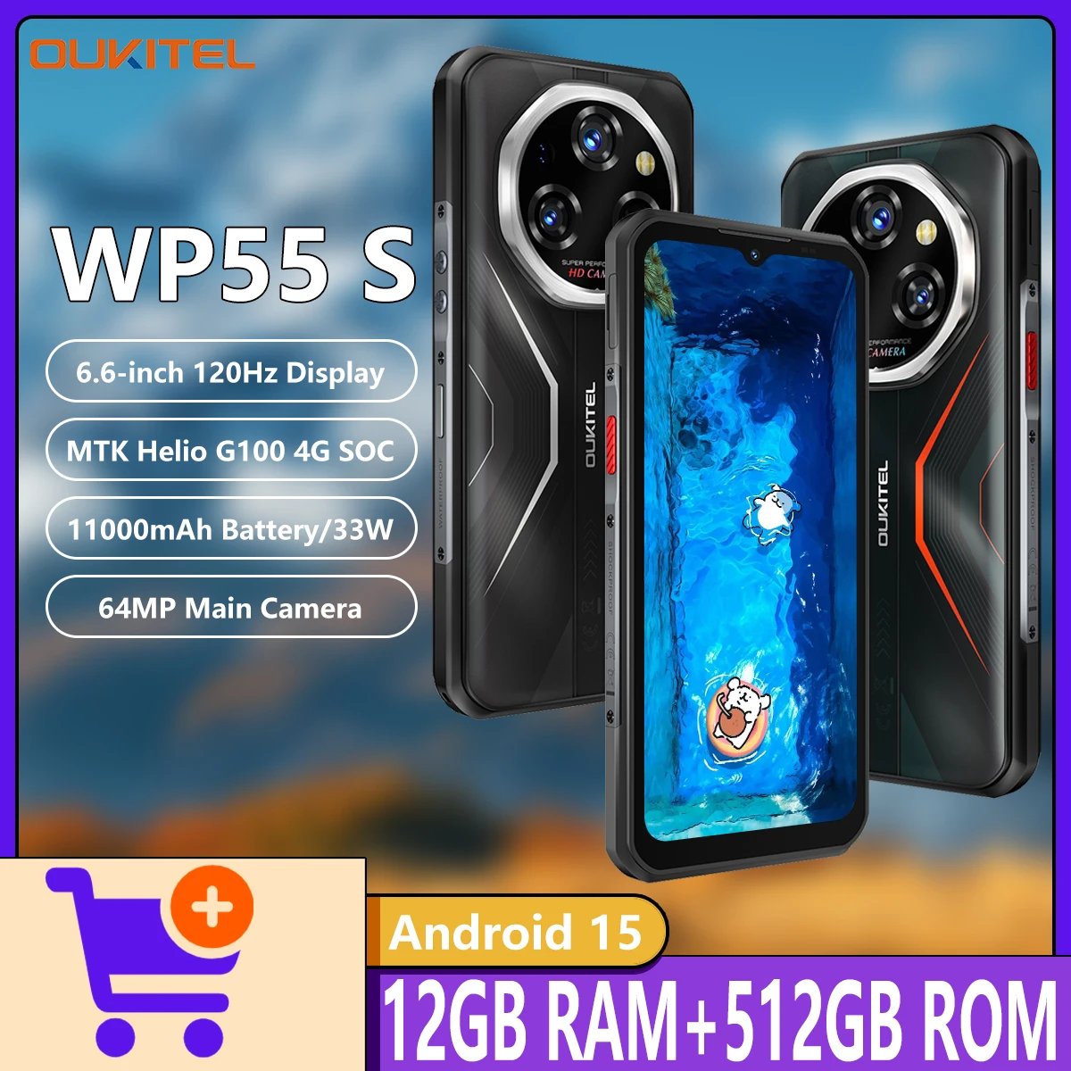 OUKITEL WP55 S 4G Rugged Phone MTK Helio G100 4G 6.6" FHD+ 120Hz Display 64MP 11000mAh/33W 12GB+512GB Android 15 Cellphone NFC