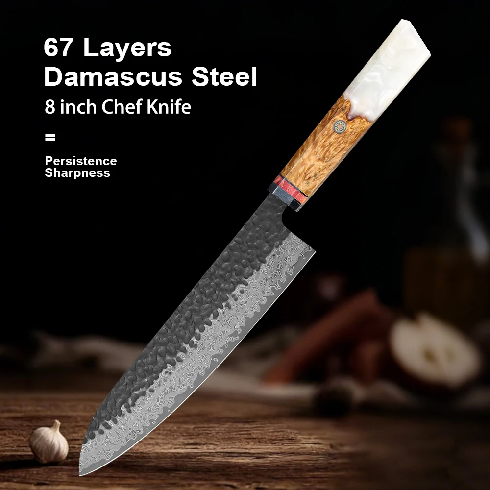 Cuchillo de chef profesional de 8 pulgadas hecho a mano con acero de Damasco, cuchillo de cocina japonés con mango de resina de madera para carne y verduras.