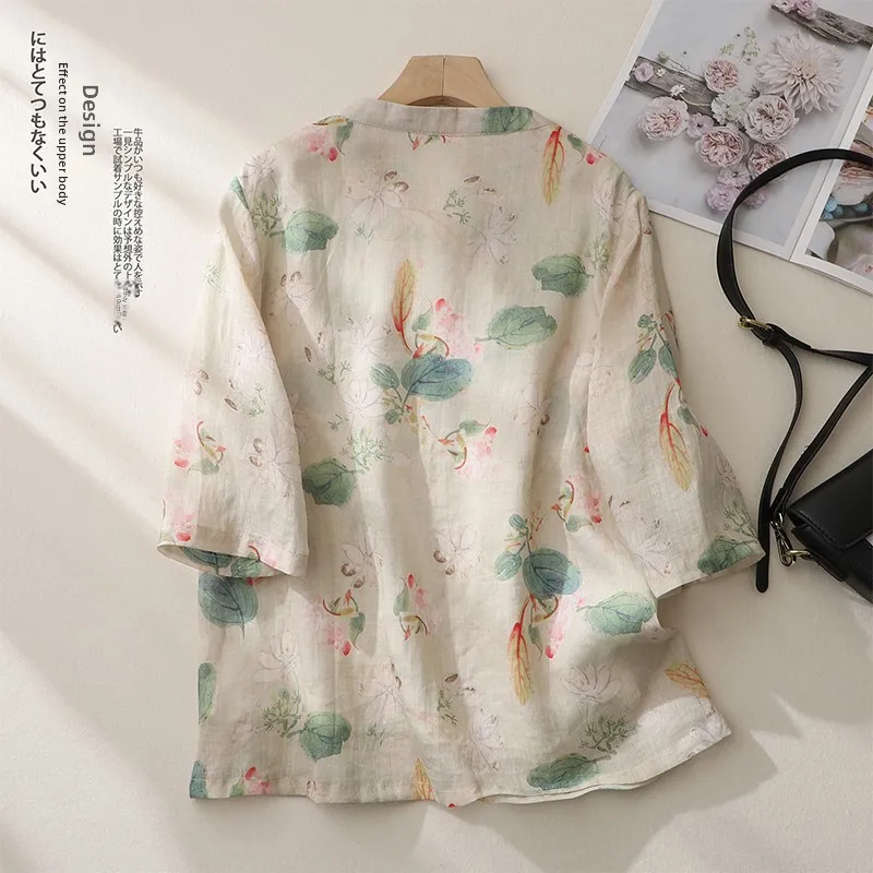 Spring Summer Chinese Style Women's Collared Printed Cotton Linen Shirt Thin Overhead Top Versatile Lightweight Five-quarter ...