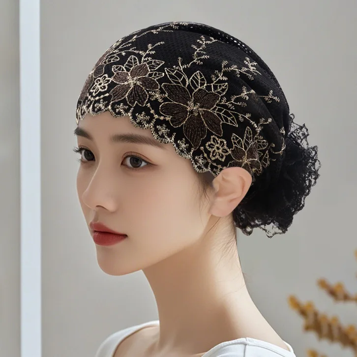 

Fashion Lace Embroidery Underscarf Women Inner Hijab Hat Muslim Headscarf Hollow Turban Ninja Cap Headwrap Chemo Hair Loss Cover