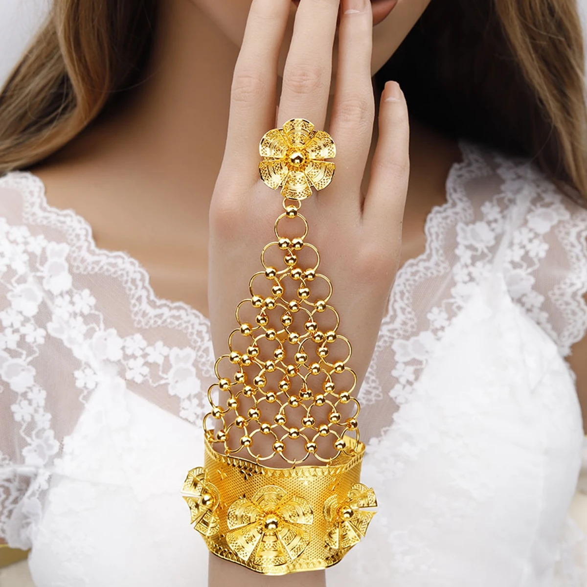 

New Dubai 24k Gold Plated Hollow Flower Bracelet Ring Women's Bridal Wedding Jewelry Popodion YY10481