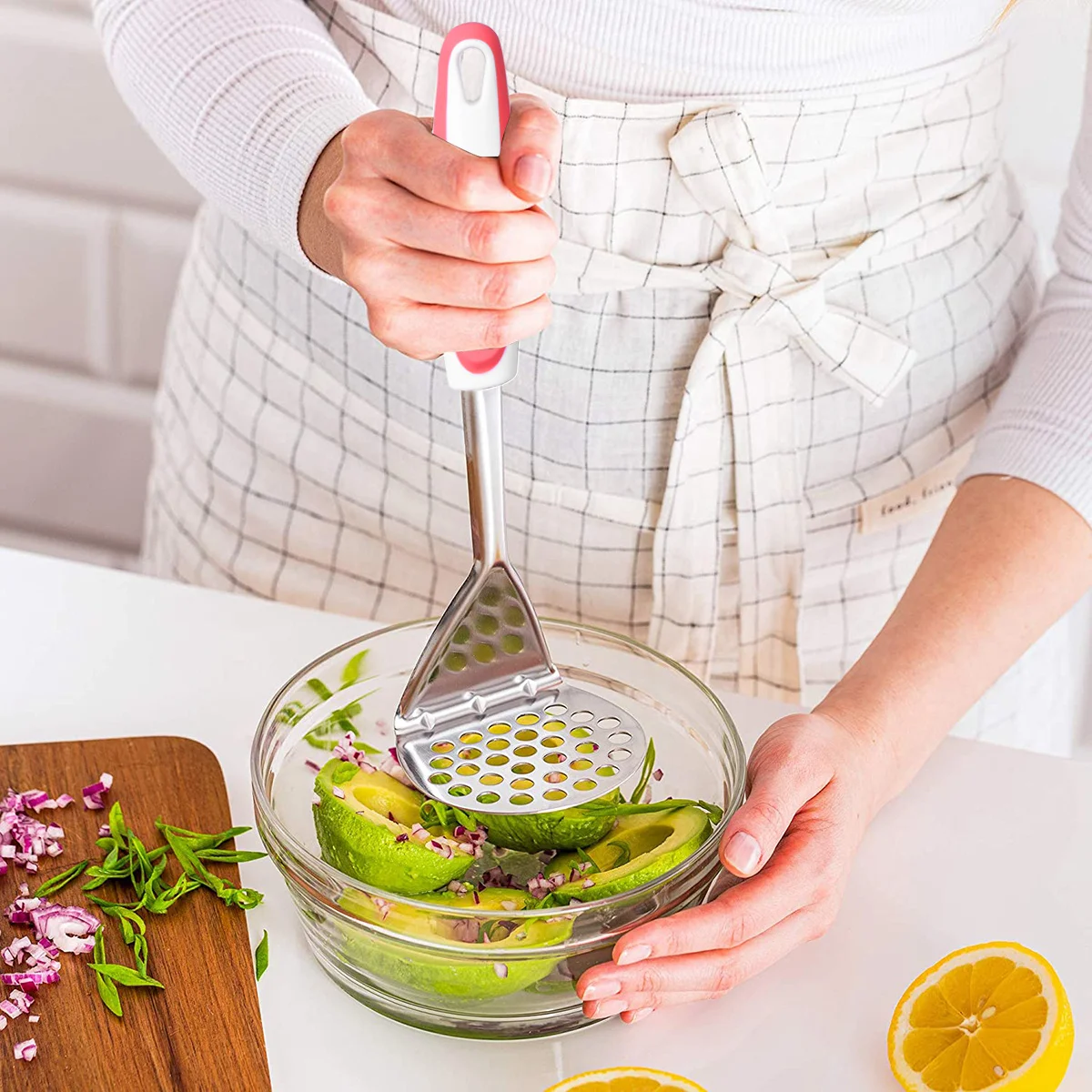 

Stainless Steel Potato Ricer Plastic Handle Orange Red Vegetable Masher Food Crusher Fruit Masher Kitchen Gadget Food Pressing