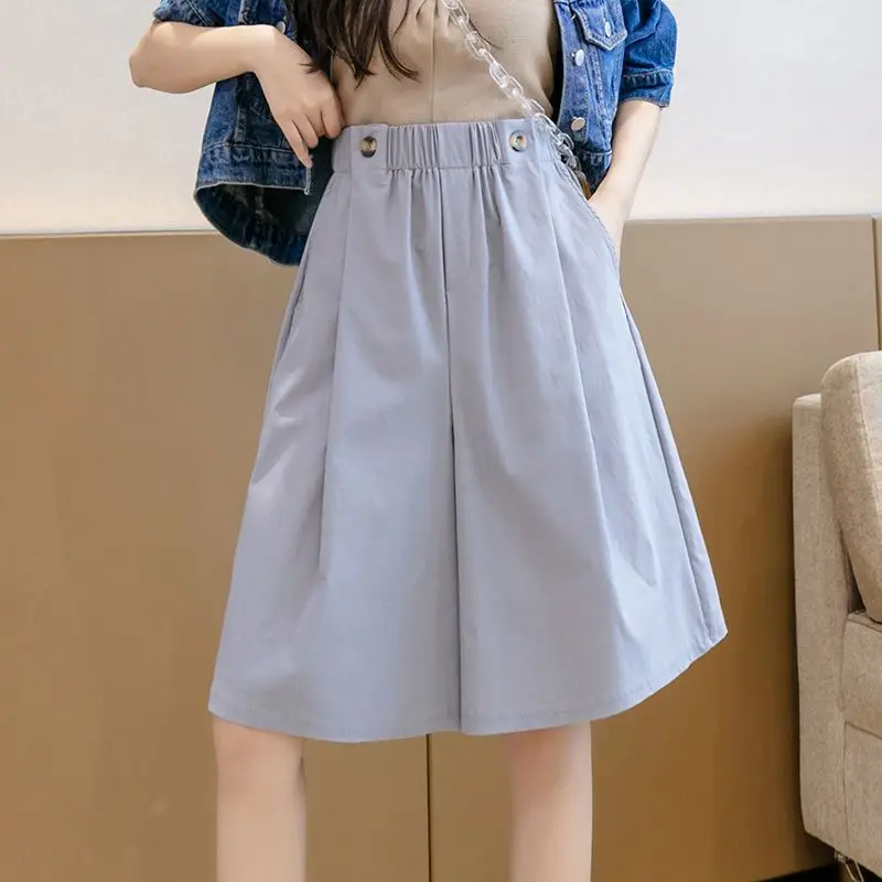 Female Casual Korean Buttons Solid Color High Waist Five Quarter Pants Summer Simplicity Pleated Elastic Waist Wide Leg Pants