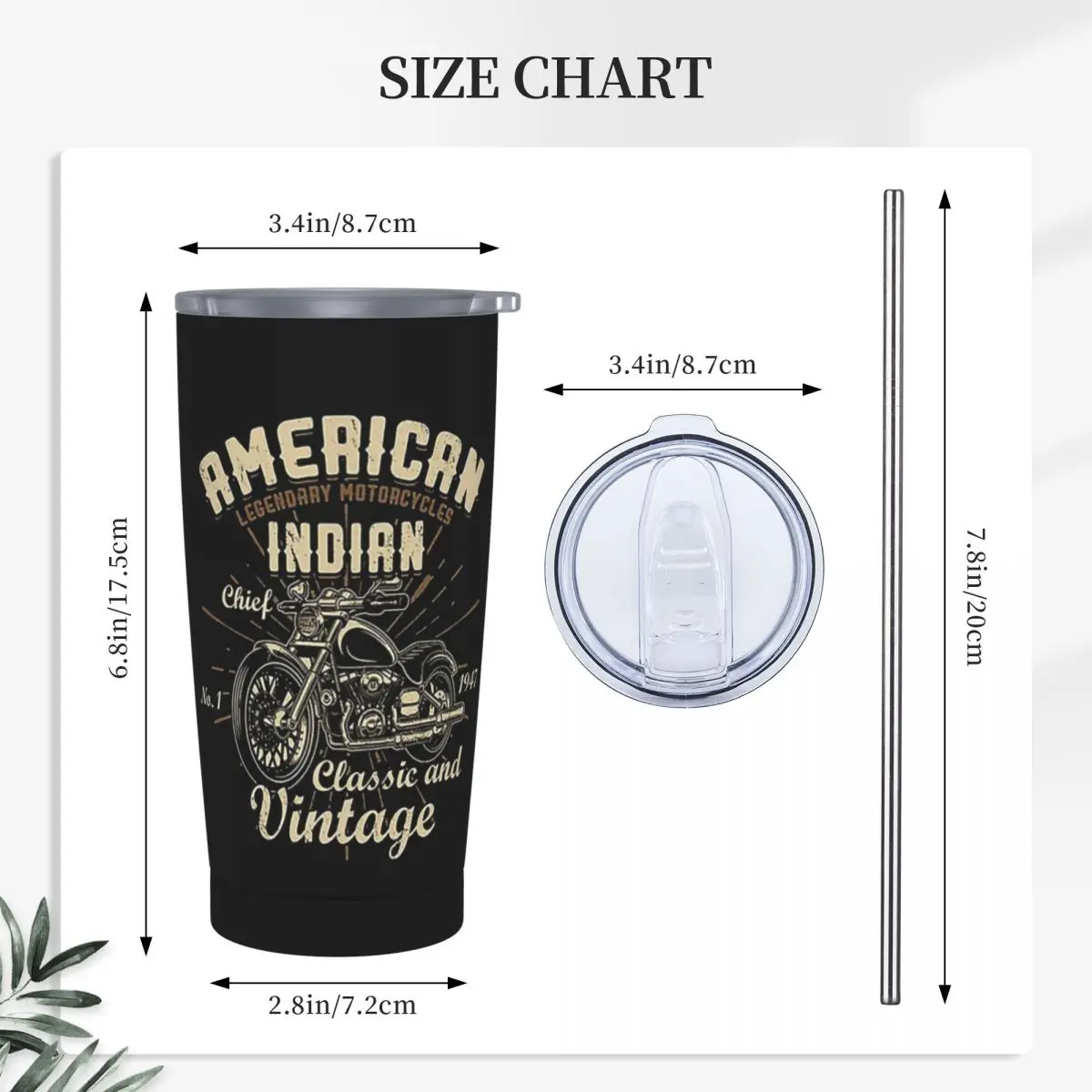 American Legendary Motorcycles Indian Chief Stainless Steel Tumbler Vacuum Insulated Mug Thermal Cold Cups Straw With Lid 20oz