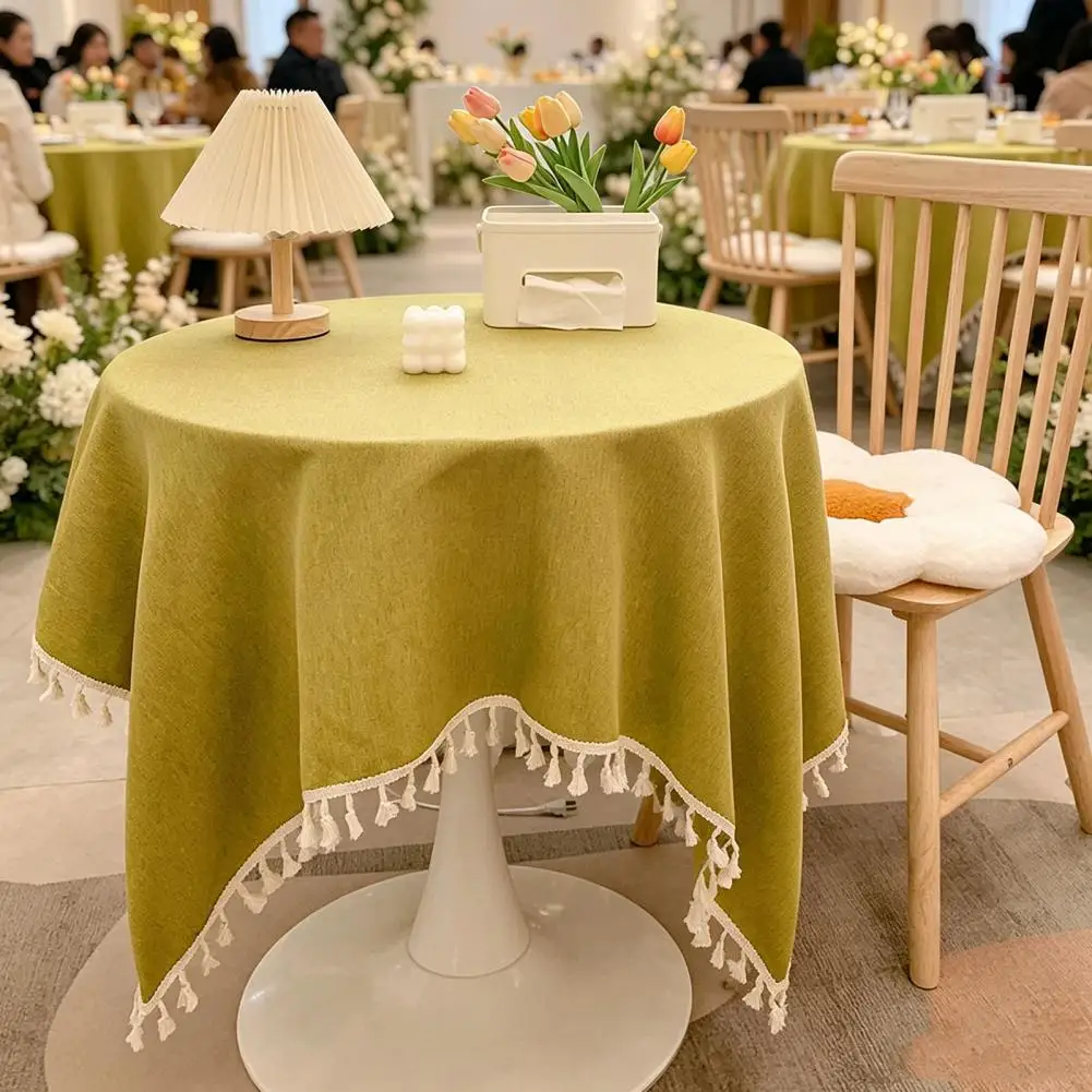 Round Tables Tablecover Dining Table Tablecloth Cotton Linen Tablecloth with Fringed Edges Washable Round Table Cover