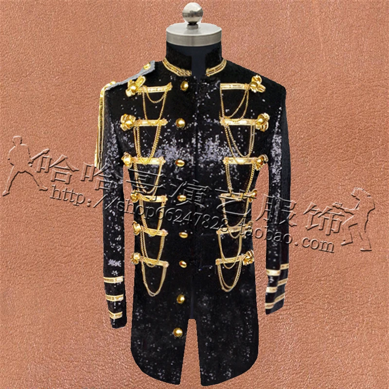 

New Men's Long Jackets Male Singers Black Red Silver Blue Sequined Stage Costumes Nightclubs Bars Men DJ Dance Clothes XS-5XL