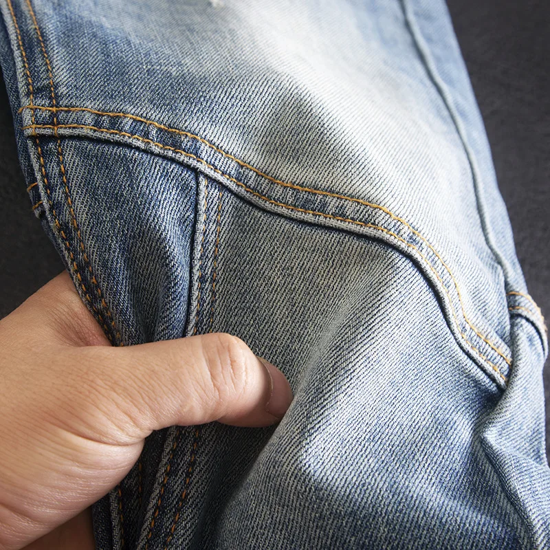 ربط جينز صغير الساق بقصة ضيقة، سراويل كلاسيكية للرجال مع أصفاد بسحاب، سراويل طويلة مرنة أنيقة ومتعددة الاستخدامات للدراجات النارية