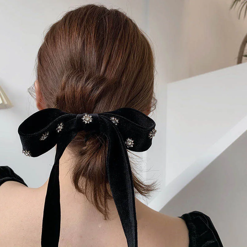 Korean elegant black rhinestone velvet big bow top clip back head hairpin spring clip female