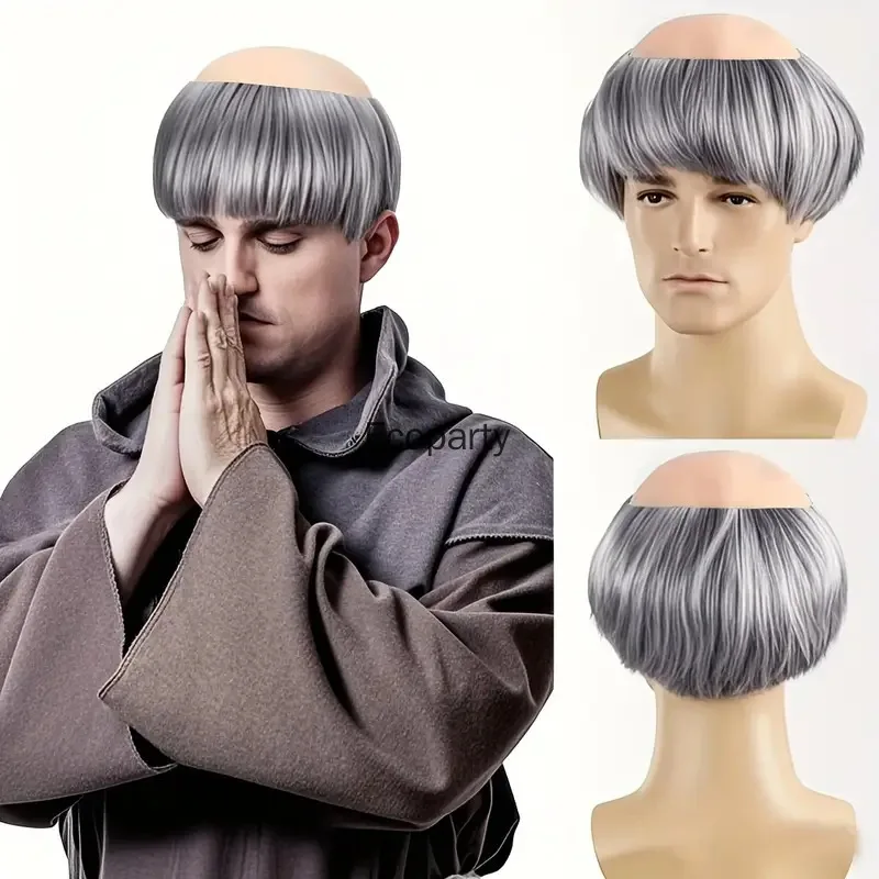 วิกผมผู้ใหญ่แบบตลกสำหรับคอสเพลย์พระสงฆ์ หัวล้าน สีน้ำตาลเงิน วิกผมสังเคราะห์ สำหรับงานฮาโลวีน งานคาร์นิวัล ปาร์ตี้ ชุดแต่งกายชายชรา อุปกรณ์ประกอบผม