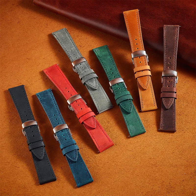 Crazy Horse Genuine Leather Watch Band 18mm 19mm 20mm 21 22mm 24mm Retro Cowhide Watch Strap Buttefly Buckle Wristband