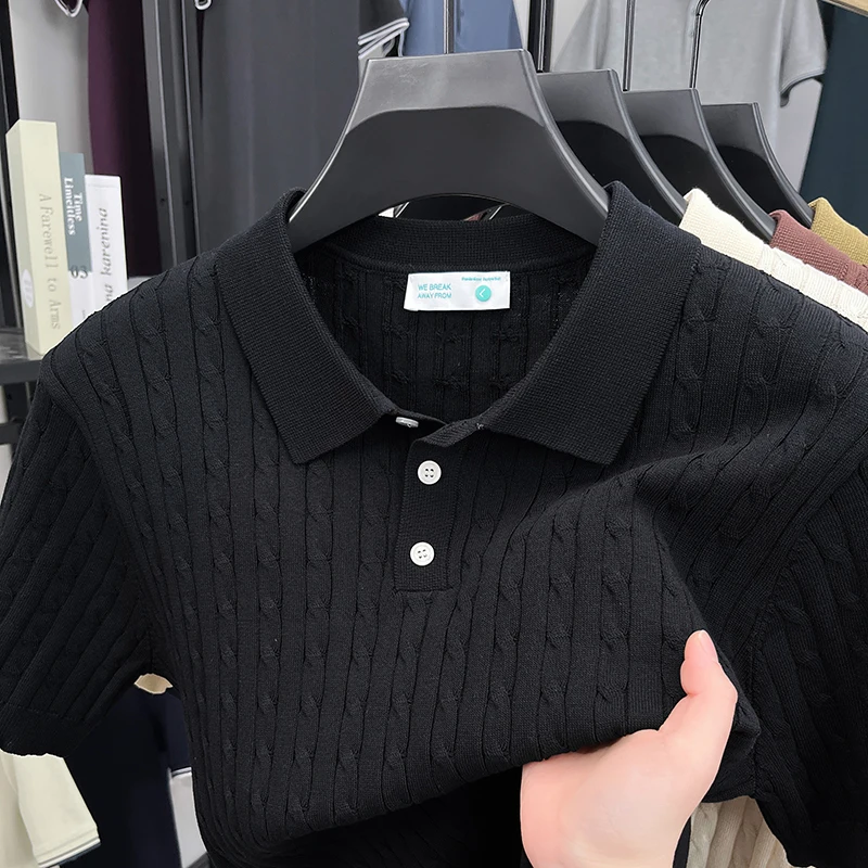 

Новая мужская летняя рубашка-поло из жаккардового ледяного шелка с коротким рукавом, трикотажная, деловая повседневная, с воротником, мужская футболка 2026 года