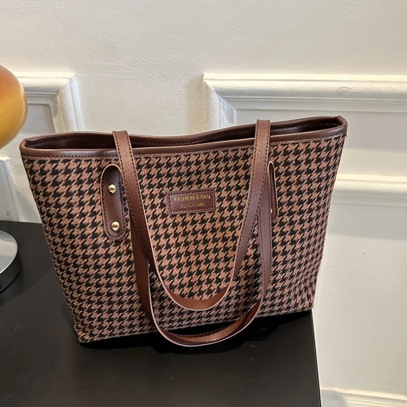 Lässige Tragetasche mit Hahnentrittmuster, Große Schultertasche mit Braunen Lederriemen, Vielseitig für Alltag und Ausflüge – Detail 11