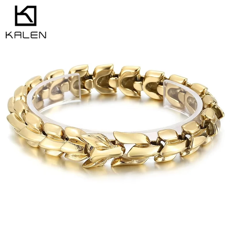 Kalen Domineering Dragon Keel Thick Bracelet for Men Shiny Chunky Stainless Steel Jewelry 15MM Viking Bangle Mate Accessories