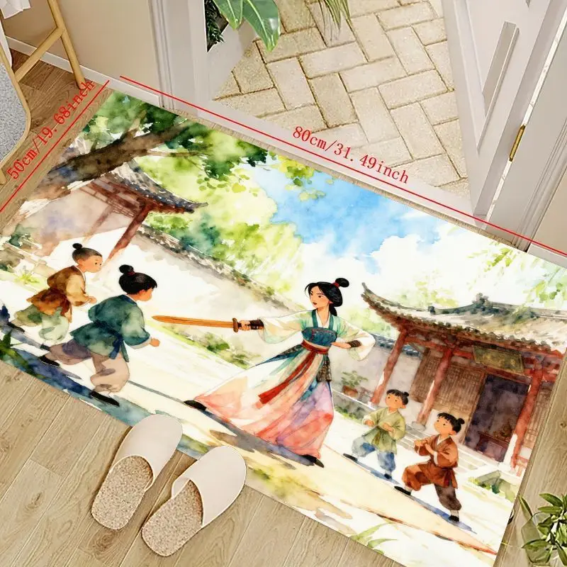 

1PC Chinese Style Watercolor Martial Arts Rug for Living Room, Home Entrance, and Kids' Playroom, Large Decorative Floor Mat, So
