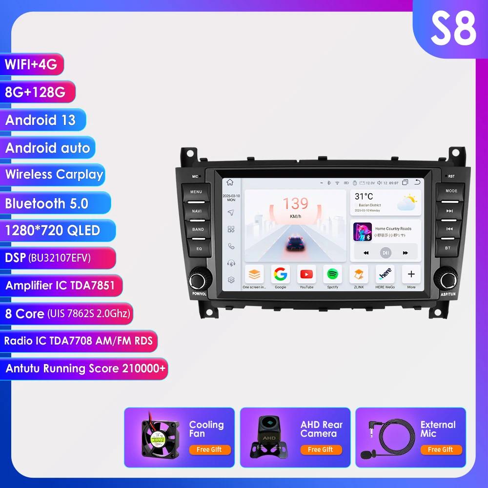 Hizpo 8-Zoll-Android-All-in-One-Autoradio für Mercedes Benz C-Klasse W203/CLC W203 CLK W209 Multimedia Autoradio Stereo Carplay