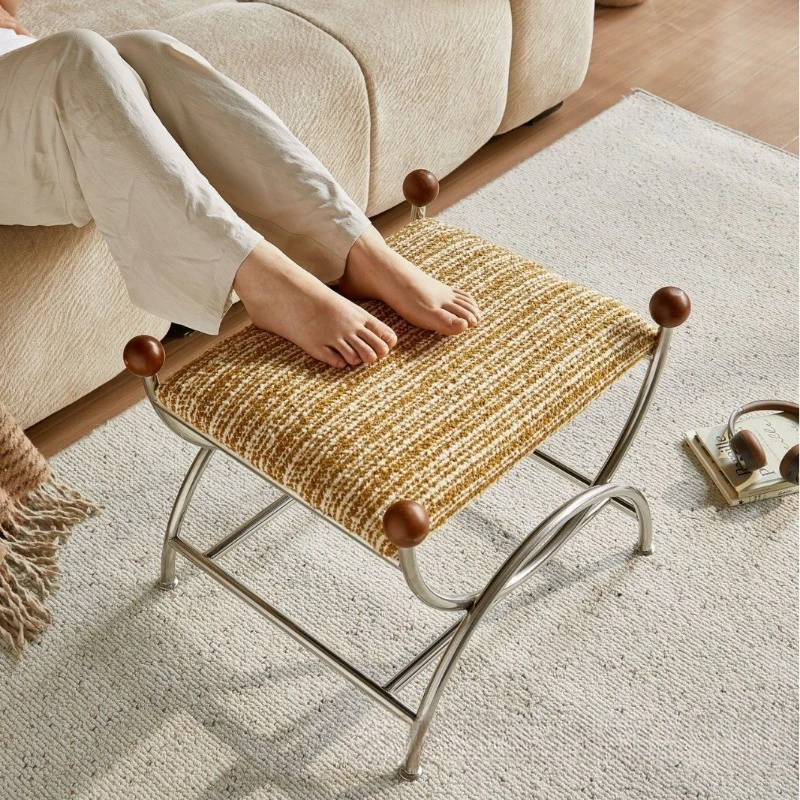 French retro stainless steel shoe changing stool, linen seat cushion, home bedroom, living room stool, porch stool