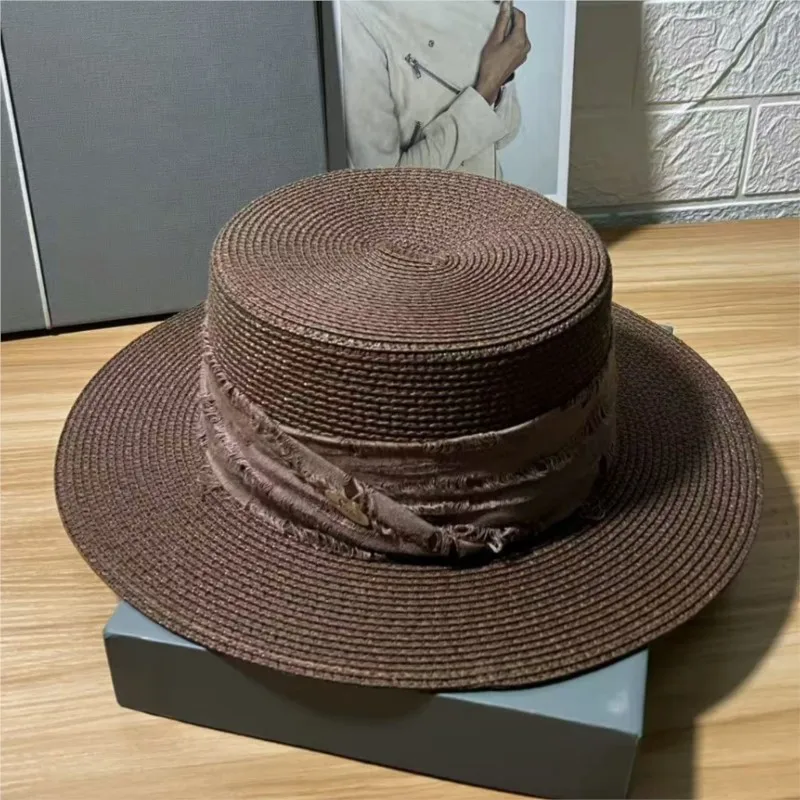 Hepburn style woven flat-topped hat wide-brimmed flat-brim for women