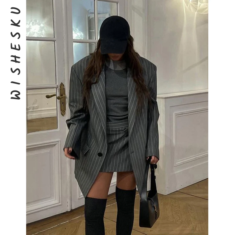 Two Piece Set Women Stripe Print Outfits Vintage Notched Collar Long Sleeve Casual Blazer Coat+High Waist Mini Skirt 2023 Fall