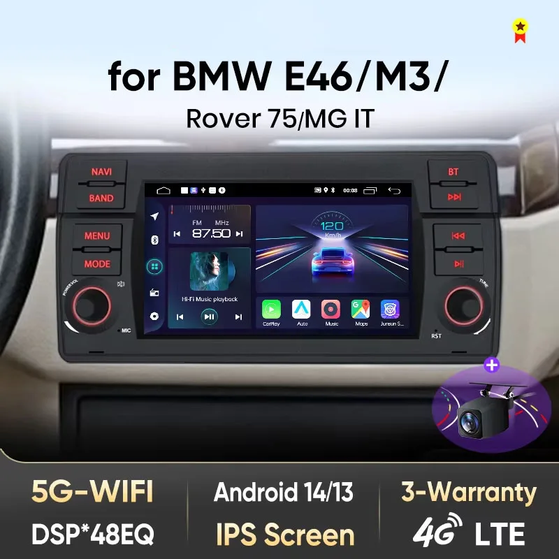 Autoradio per BMW E46 M3 Rover 75 con CarPlay Wireless, Android Auto, Sistemi Intelligenti, Schermo Touch IPS, DSP, Navigazione GPS, WiFi, DAB+, RDS, FM/RAM, BT, SWC, Plug and Play, 2DIN, WiFi 4G,