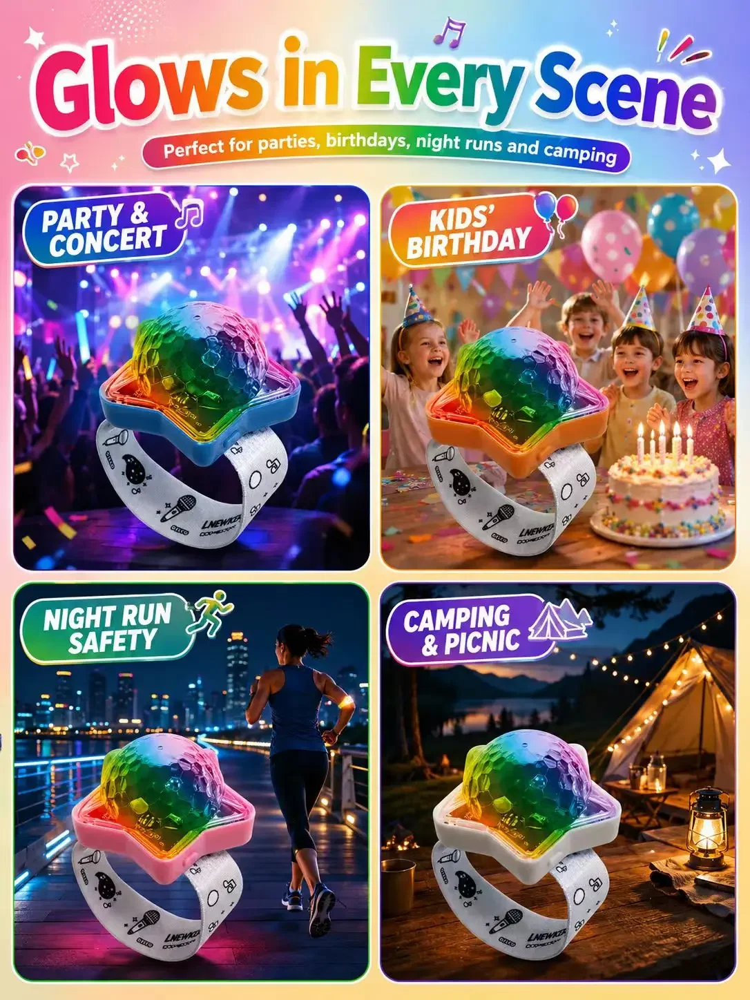 RGB Disco Wrist Projector Light 4‑Pack Rechargeable Wearable 360° Dynamic Color Projection Night Light For Festival Dance Party