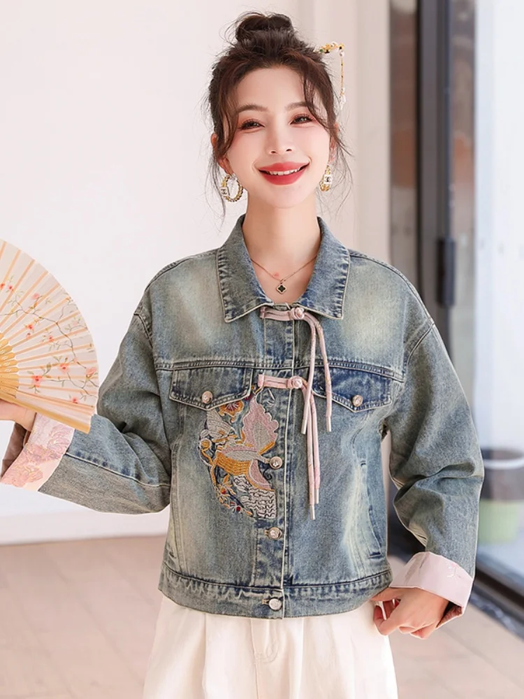 Neue chinesische Sle ort Jeans Jaet Damen Frühling Herbst Anti-Aging Label Cut-off Denim Mantel Loose Fit Long Sve