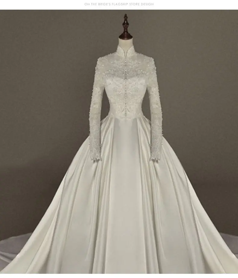 

Mingli Tengda Luxury High Neck Applique Ball Gown Wedding Dresses Vintage Lace Pearls Long Sleeves Wedding Dress vestidos de nov