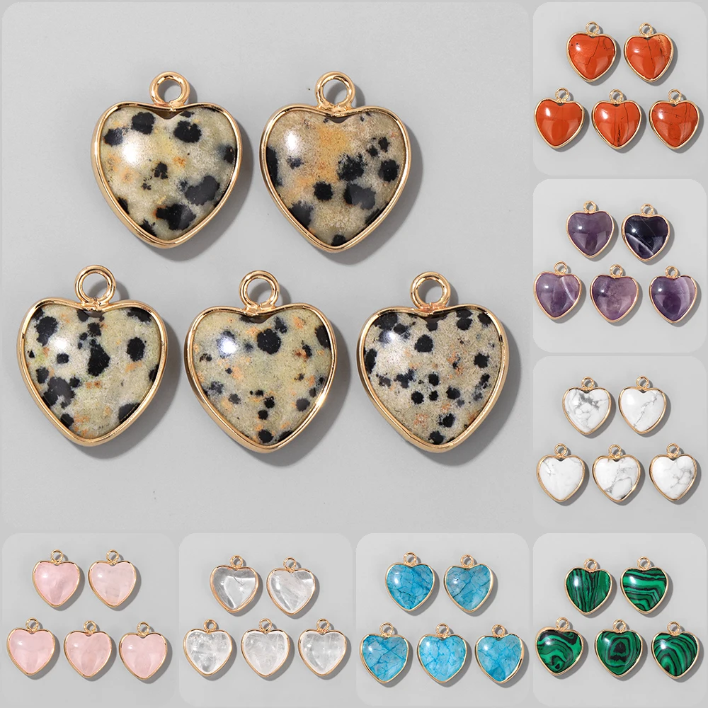 

15mm Cute Heart Shape Stone Pendant Natural Dalmation Quartzs Jasper Gems Charm For DIY Women Neckalce Earrings Bracelet 5PCS