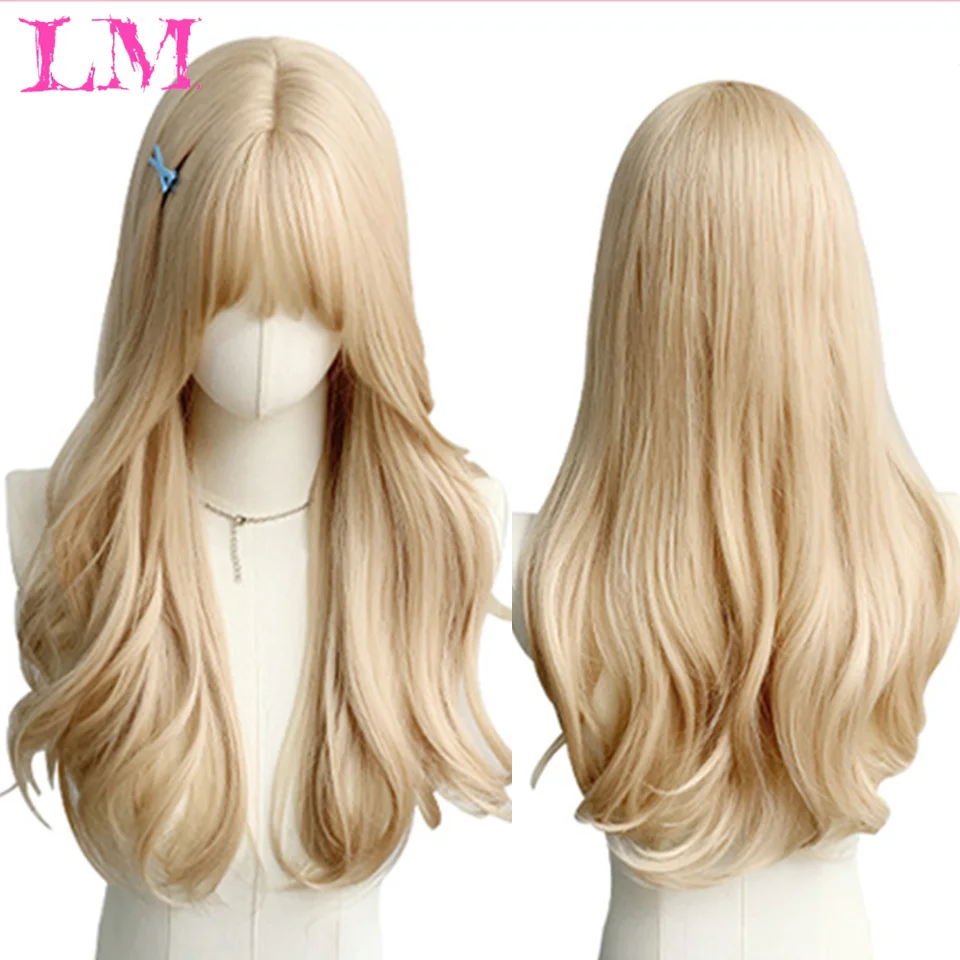 LM Long Wave Wig Women Wig with Bangs Blonde Cospaly Lolita Daily Party Syntetyczne peruki Włókno termoodporne Naturalne sztuczne włosy