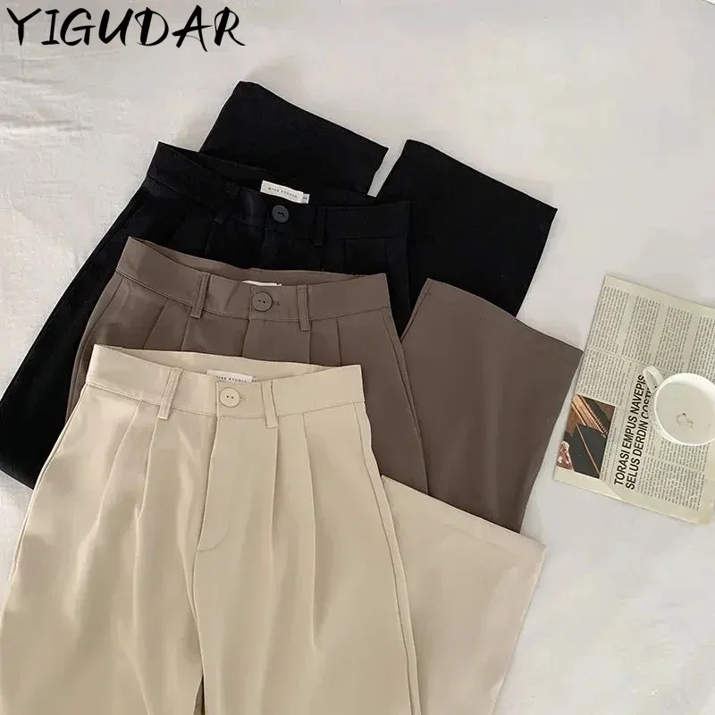 

Женский костюм с высокой талией, осенние прямые офисные женские корейские модные брюки, повседневные свободные женские черные брюки на пуговицах