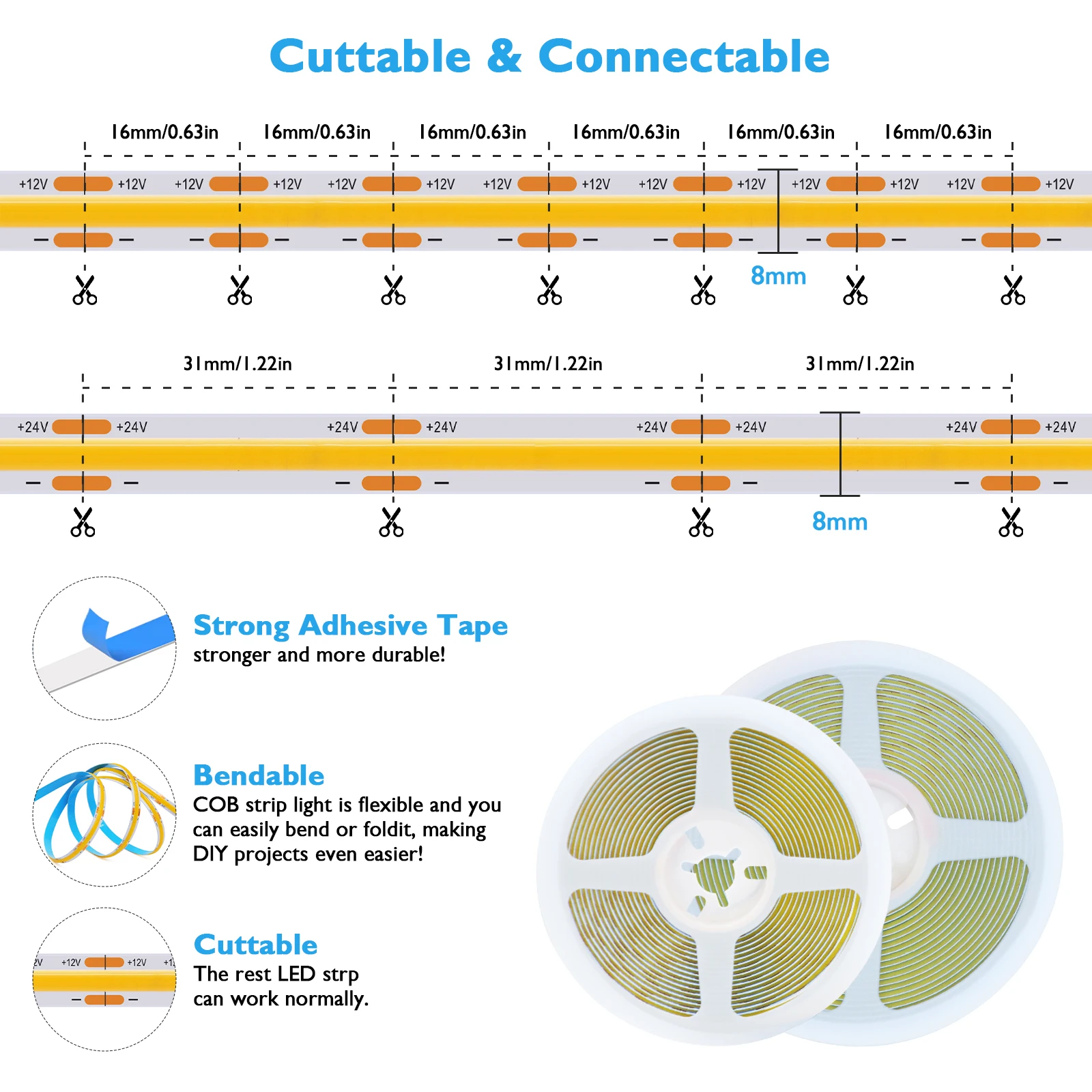 12V 24V COB LED Strip Light High Density 528LED/m 8mm PCB RA90 Flexible LED  Strip 3000K 4500K 6000K Dimmable Linear Light 2/10M