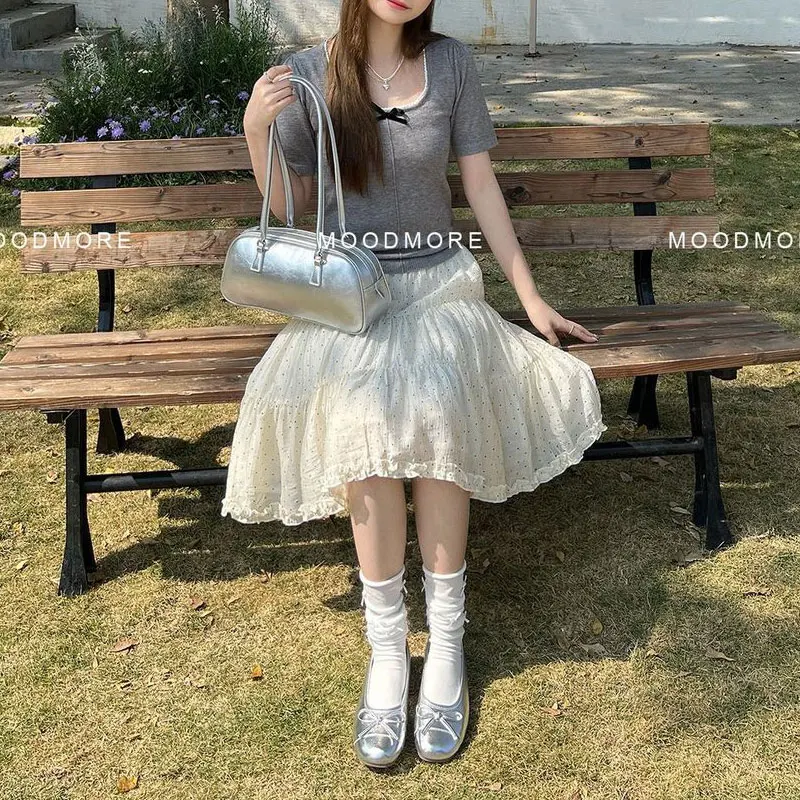 

Gentle Polka Dot Cupcake Knee Skirts Female Clothing High Waist Spring Summer Elastic Stylish Folds French Style Basic Skirts