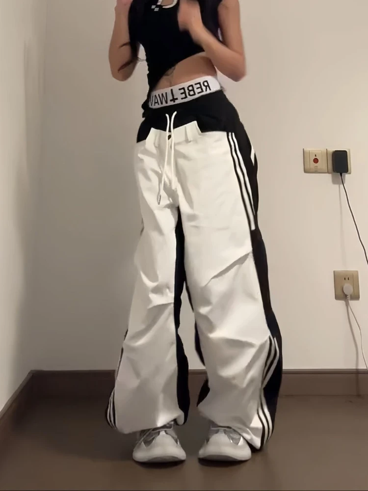 Deeptown White Striped Pants Women Black Patchwork Wide Leg American Retro Parachute Pants Baggy Casual Jogging Trousers Street