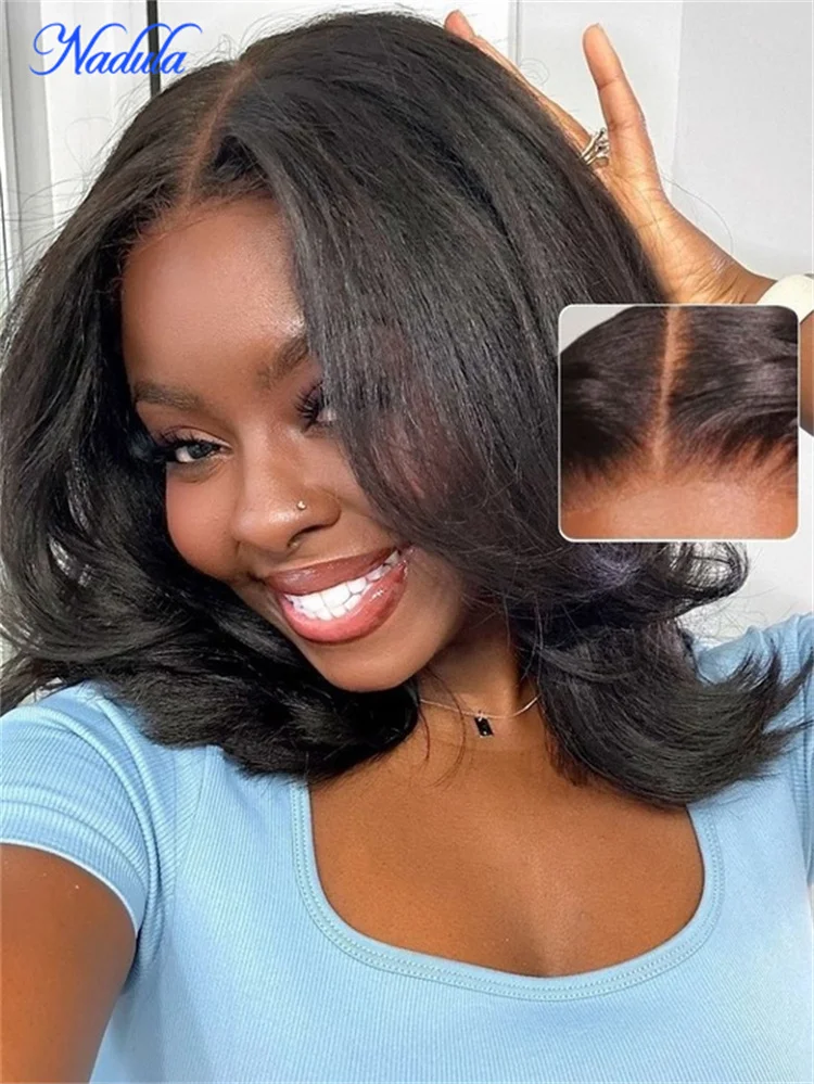 

Парик Nadula Hair Yaki Straight 7X5 без узлов, с предварительно нарезанным кружевом, короткий боб, без клея, 13x4, полностью кружевной фронтальный парик из натуральных волос