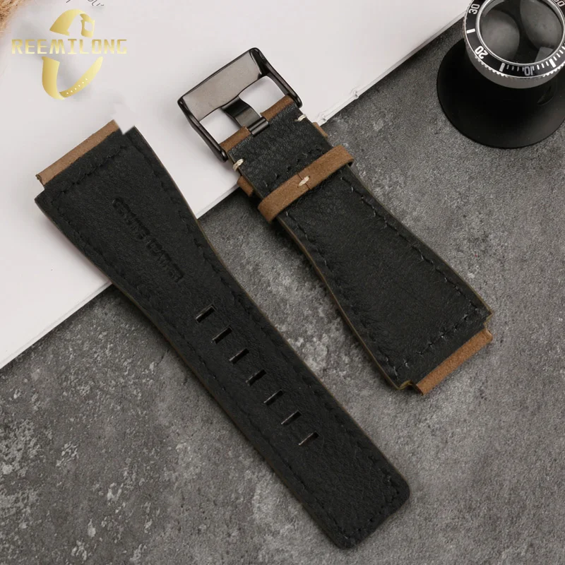 Silicone rubber Cowhide lea/ther watch strap 24mm Convex joint olive green black brown men watchband For Bell Ross BR0393 BR0392