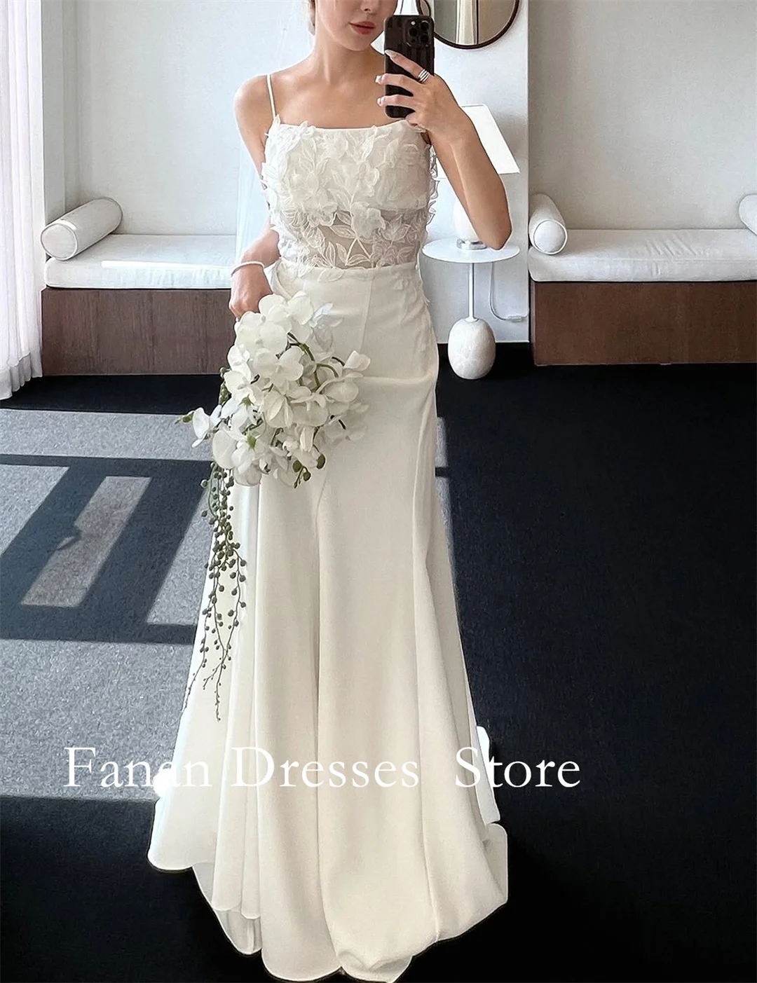 FANAN Sleeveless Korean Spaghetti Strap Square Neck 3D Floral Lace Mermaid Wedding Dress Sheer Waist Bridal Gown