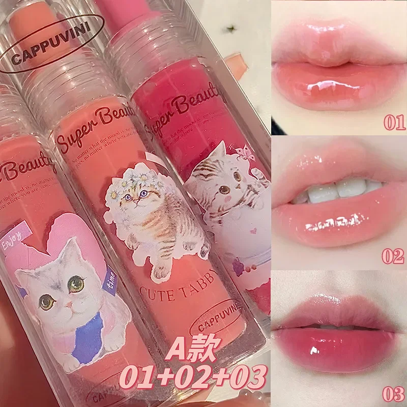 Cute Cat Lip Gloss Set Labbra Essenza Gelatina Smalto per labbra Idratante Specchio Acqua Luce Rossetti Labbra rosse Tinta Balsamo per olio per labbra liquido