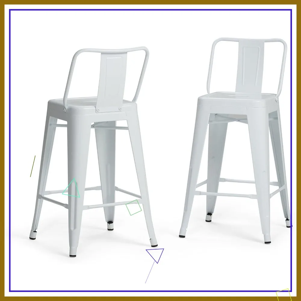 

Набор промышленных металлических табуретов из 2 шт., белые кухонные сиденья с изогнутой спинкой и подставкой для ног для столовой
