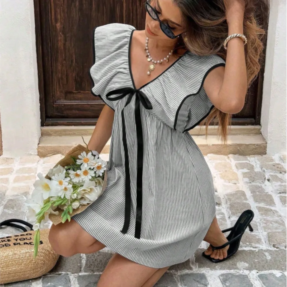 

Elegant Simple Women's Dress New Summer Fashion Striped Casual Versatile Sweet V-neck Tie Ruffled Flying Sleeve Short Dresses