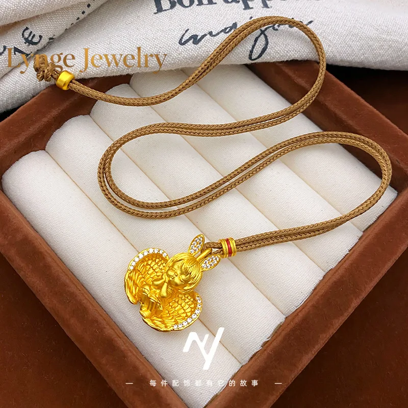 Lynge Jewelry Light luxury design 24K real gold diamond wings sleeping little angel pendant braided rope 9999 necklace little an