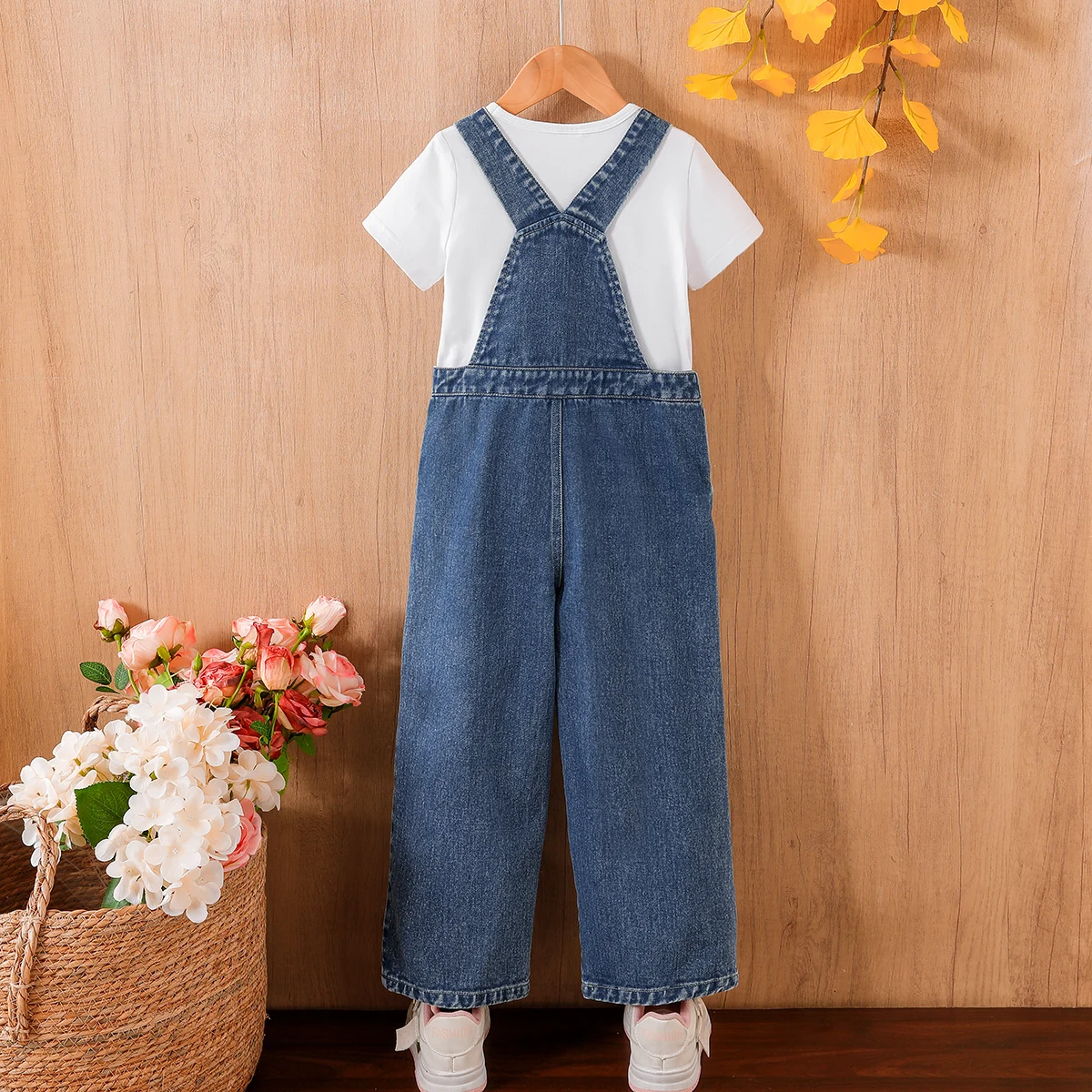 Summer Casual Girls Classic Denim Overalls + Simple White T-Shirt Two-Piece Set for Kids